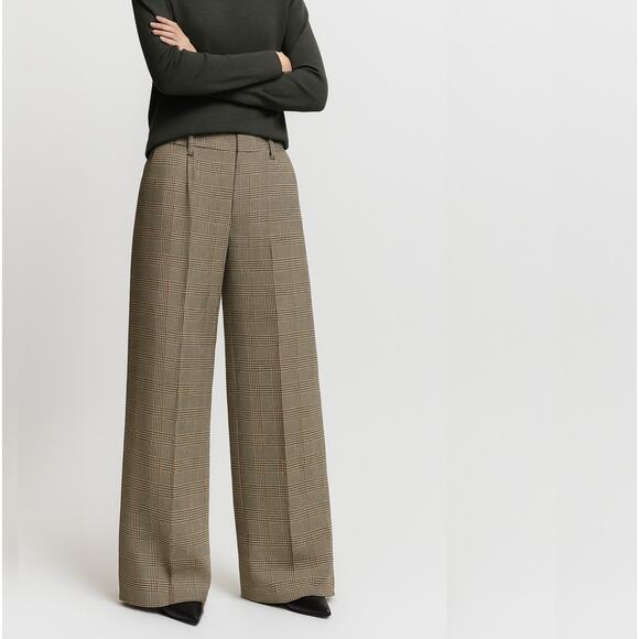 H&M High Rise Wide Leg Plaid Trousers Brown Plaid Houndstooth Size 8 Pants - Picture 1 of 6
